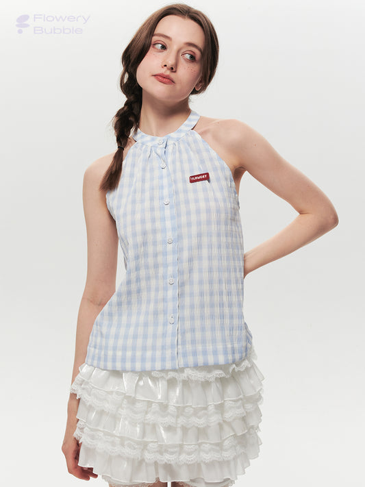 Sleeveless Gingham Seersucker Button-Up Top