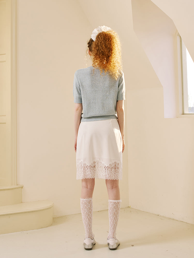 Delicate Pintuck Lace Midi Skirt