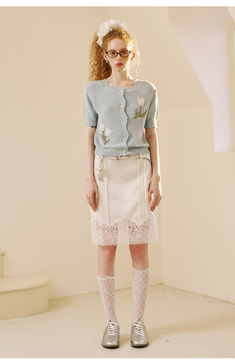 Delicate Pintuck Lace Midi Skirt