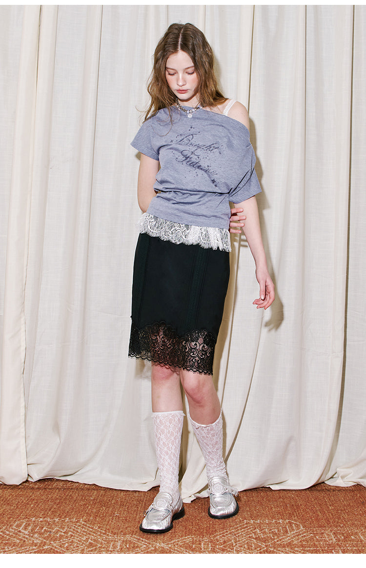 Delicate Pintuck Lace Midi Skirt
