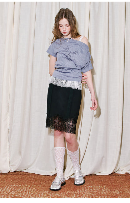 Delicate Pintuck Lace Midi Skirt