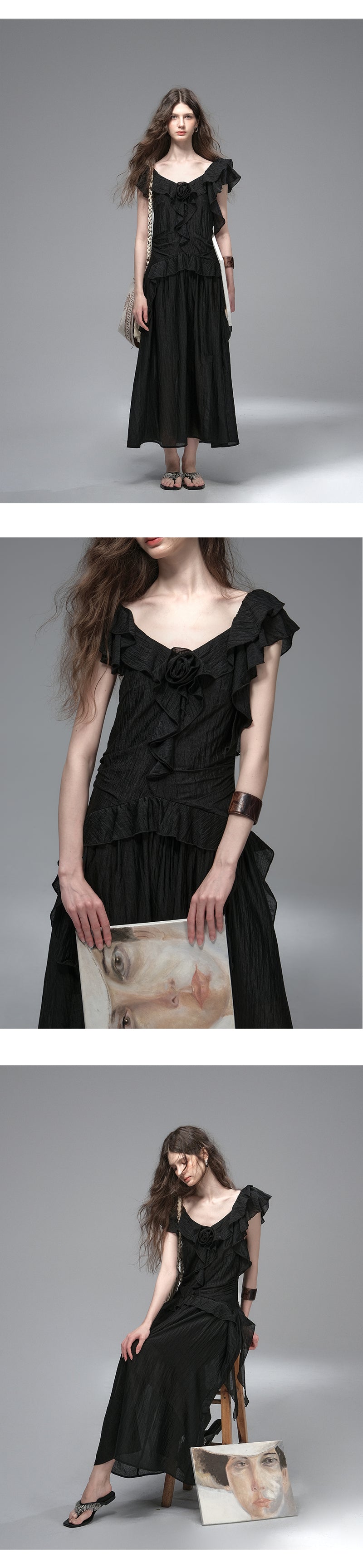 Textured Ruffled Dress With Flower Accent