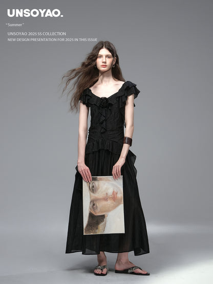 Textured Ruffled Dress With Flower Accent
