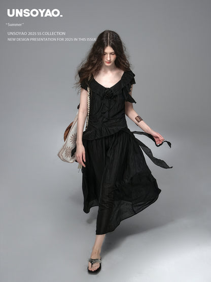 Textured Ruffled Dress With Flower Accent