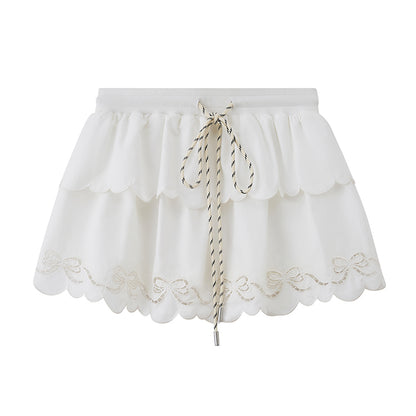 Layered Scallop-Hem Skirt With Bow Embroidery