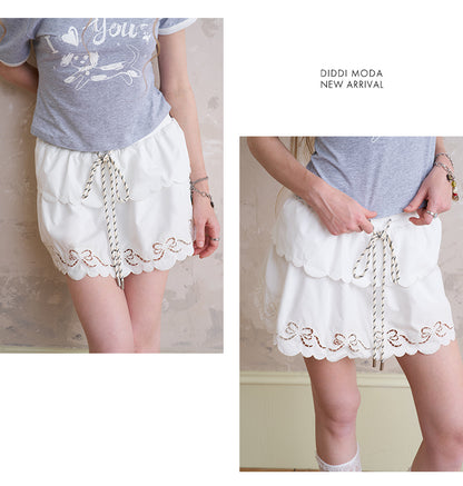 Layered Scallop-Hem Skirt With Bow Embroidery