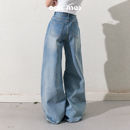 Glitter Washed Wide-Leg Denim Jeans