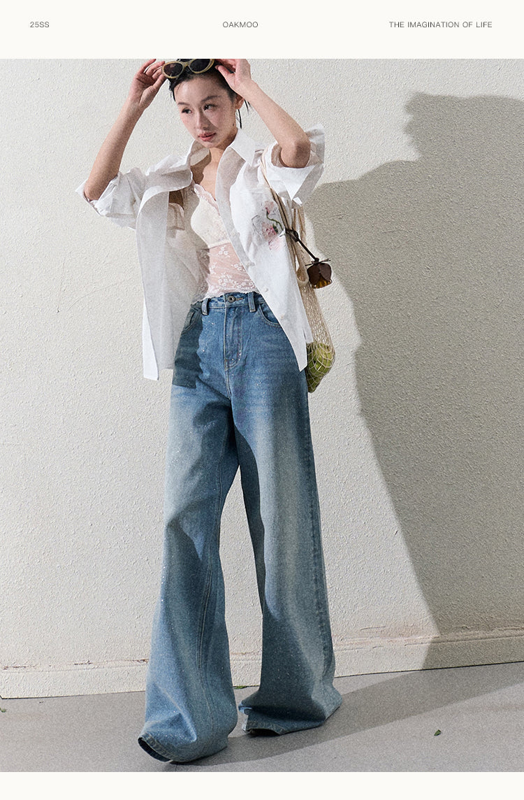 Glitter Washed Wide-Leg Denim Jeans