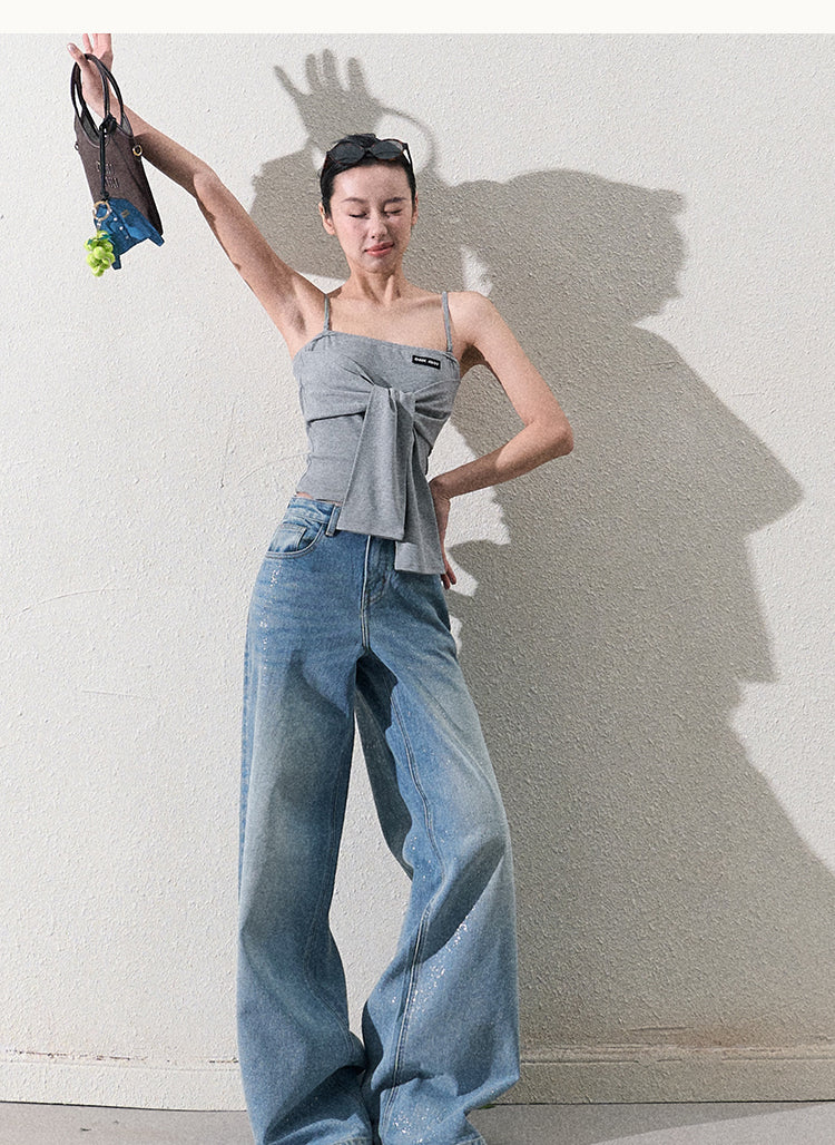 Glitter Washed Wide-Leg Denim Jeans