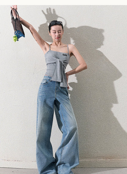 Glitter Washed Wide-Leg Denim Jeans