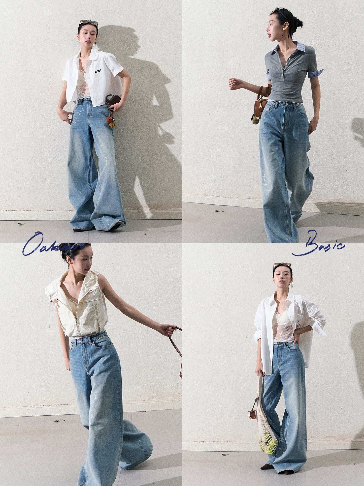 Glitter Washed Wide-Leg Denim Jeans