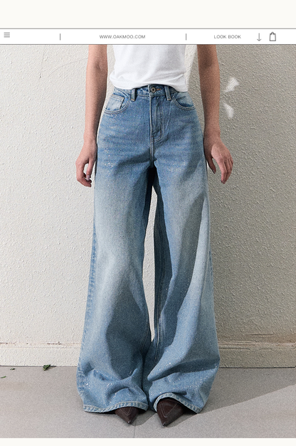 Glitter Washed Wide-Leg Denim Jeans