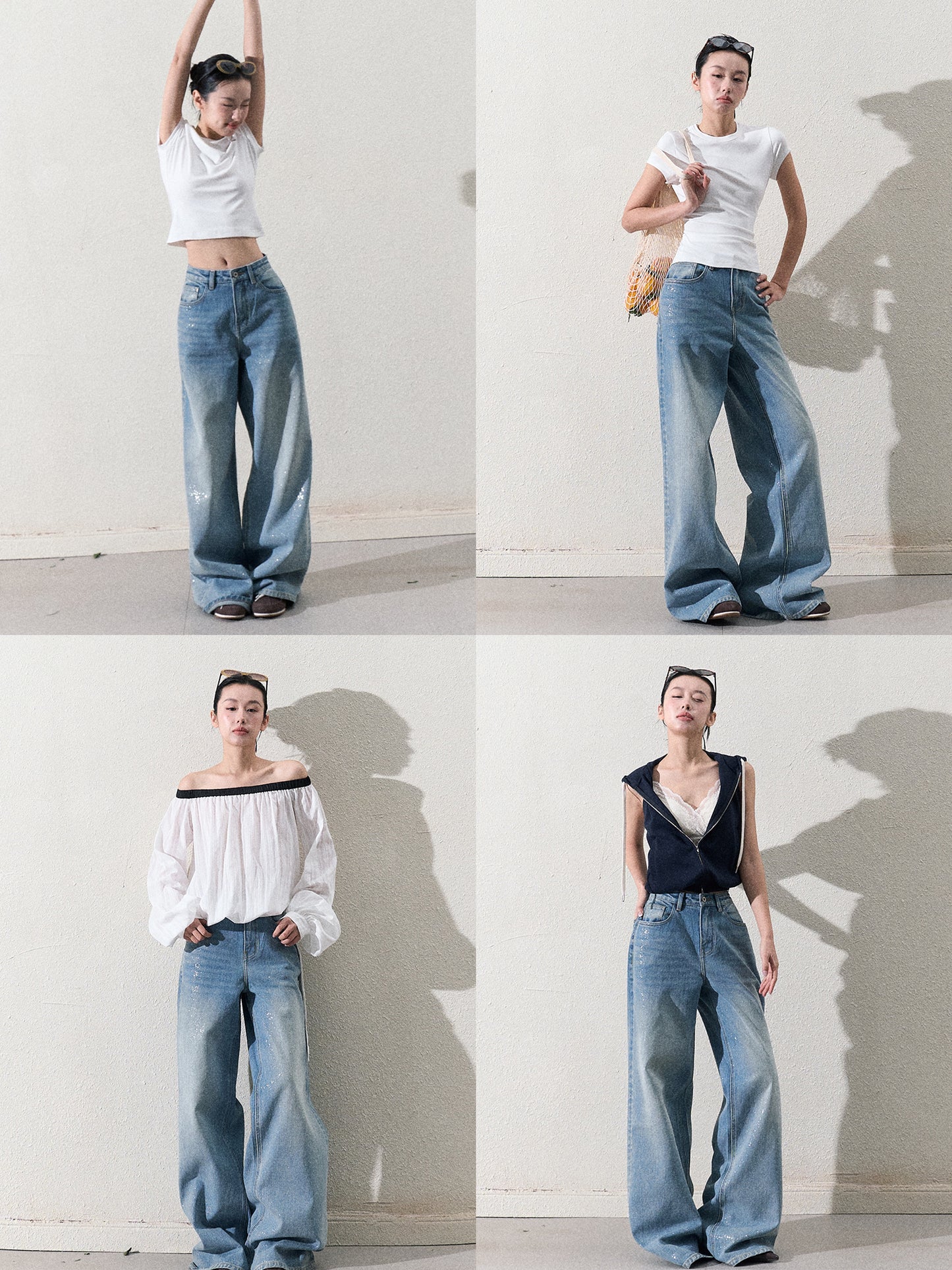 Glitter Washed Wide-Leg Denim Jeans