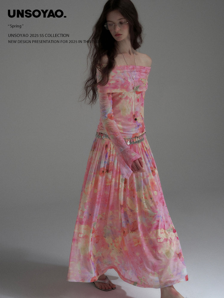 Printed Elastic Mesh Off-Shoulder Top & Maxi Skirt