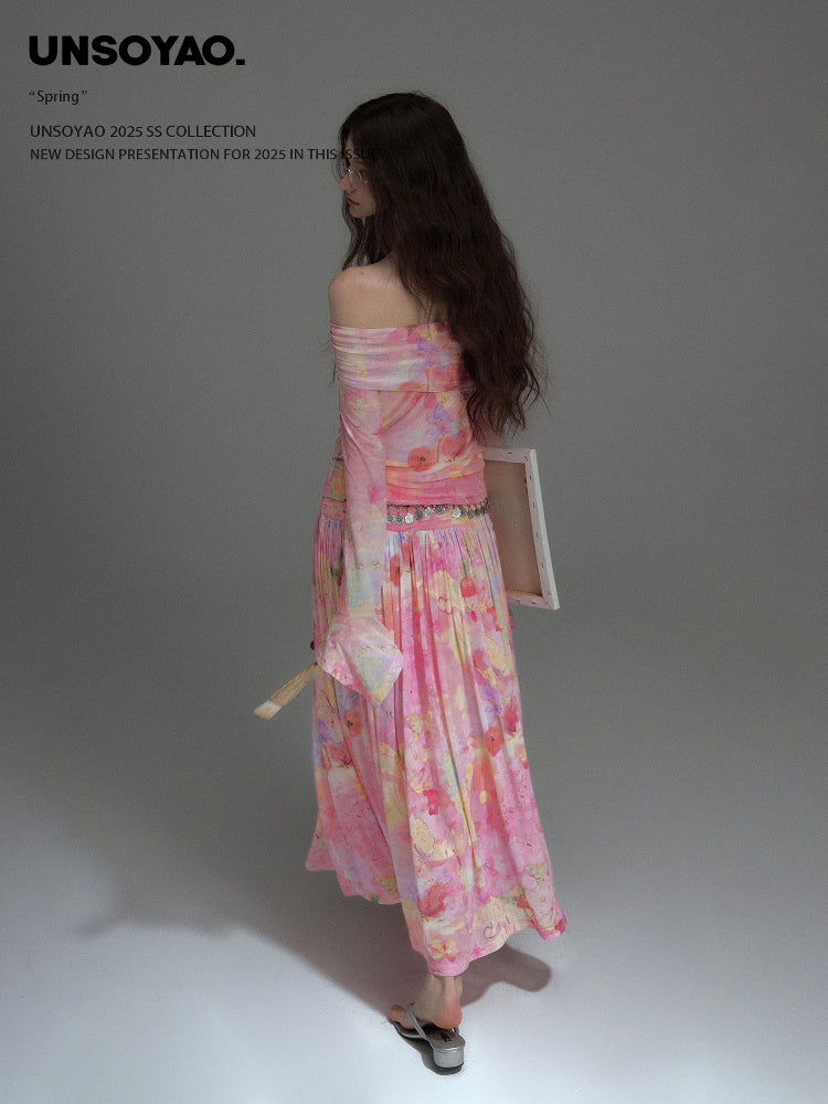 Printed Elastic Mesh Off-Shoulder Top & Maxi Skirt