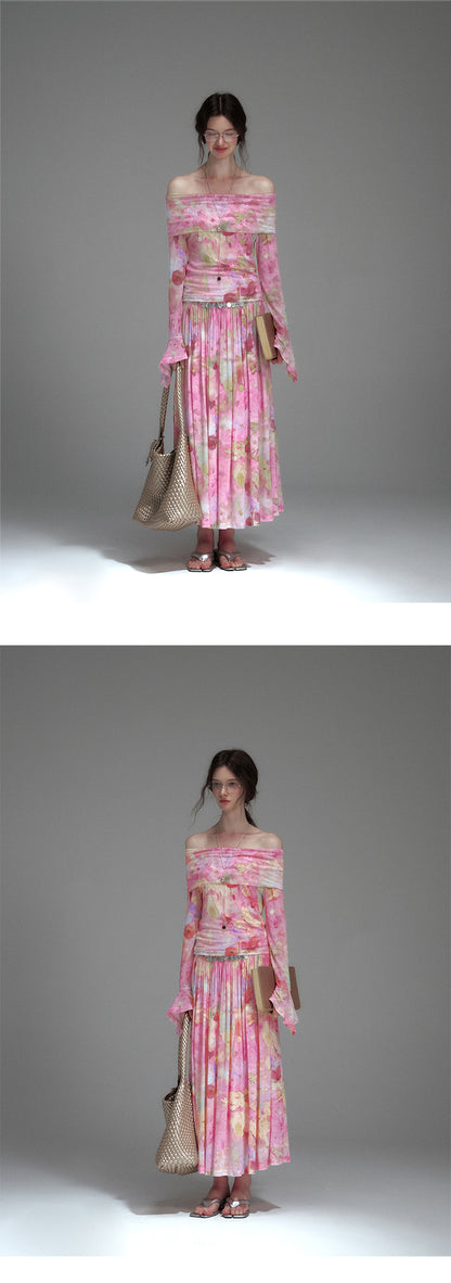 Printed Elastic Mesh Off-Shoulder Top & Maxi Skirt