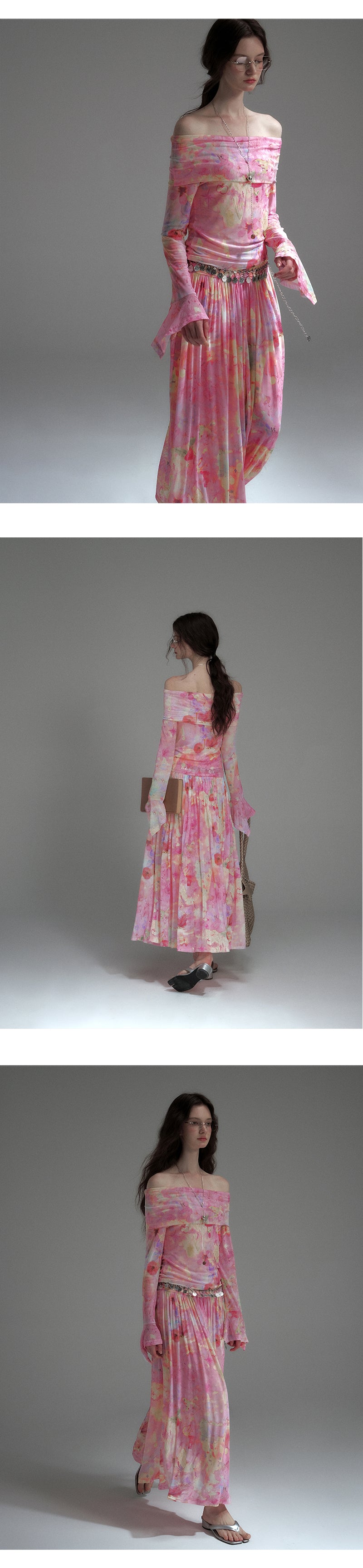 Printed Elastic Mesh Off-Shoulder Top & Maxi Skirt