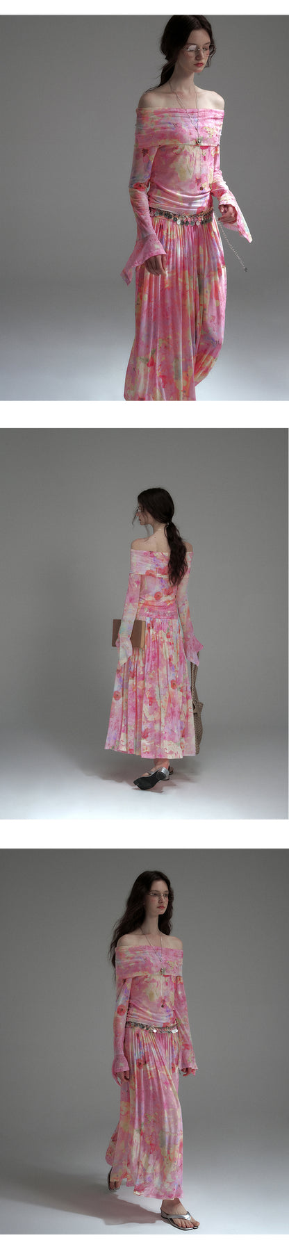 Printed Elastic Mesh Off-Shoulder Top & Maxi Skirt