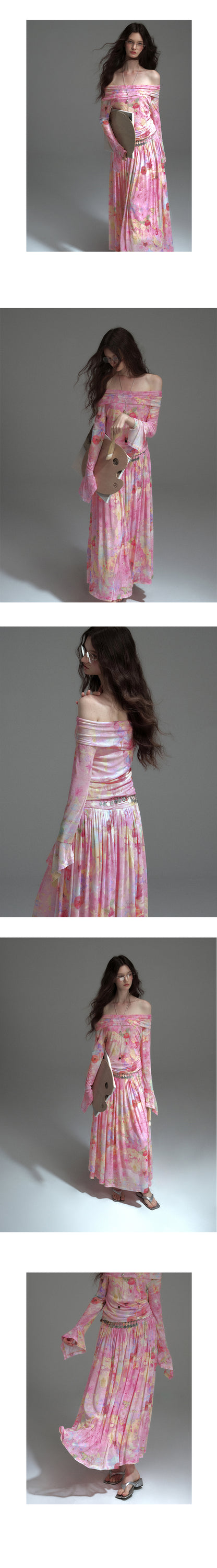 Printed Elastic Mesh Off-Shoulder Top & Maxi Skirt