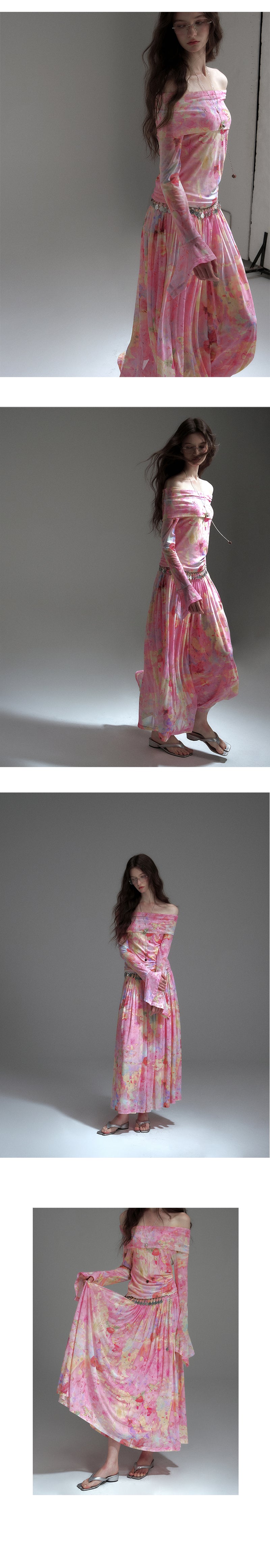 Printed Elastic Mesh Off-Shoulder Top & Maxi Skirt