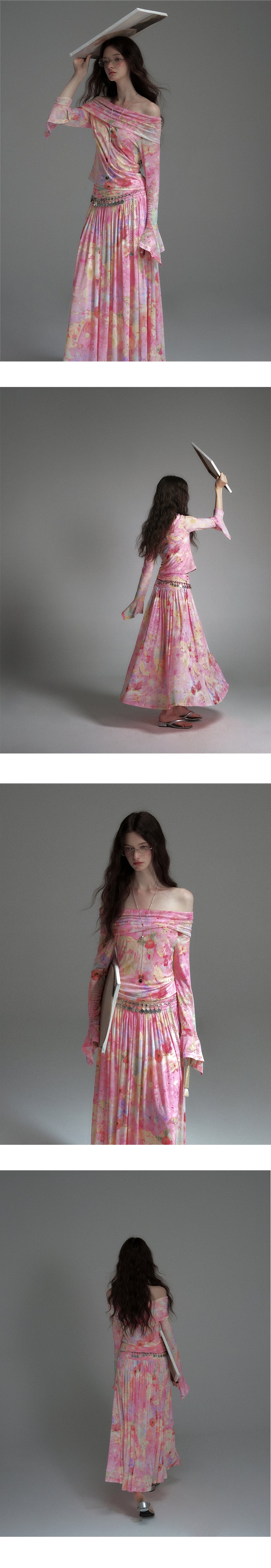 Printed Elastic Mesh Off-Shoulder Top & Maxi Skirt