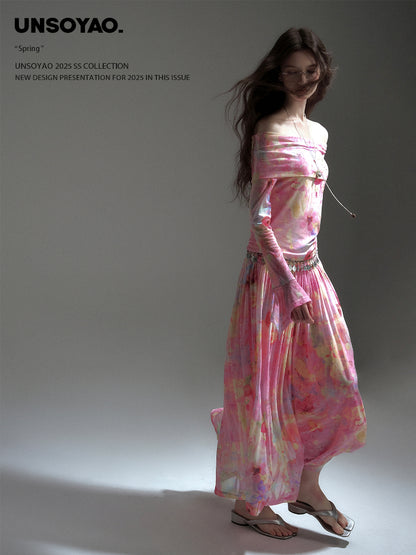 Printed Elastic Mesh Off-Shoulder Top & Maxi Skirt