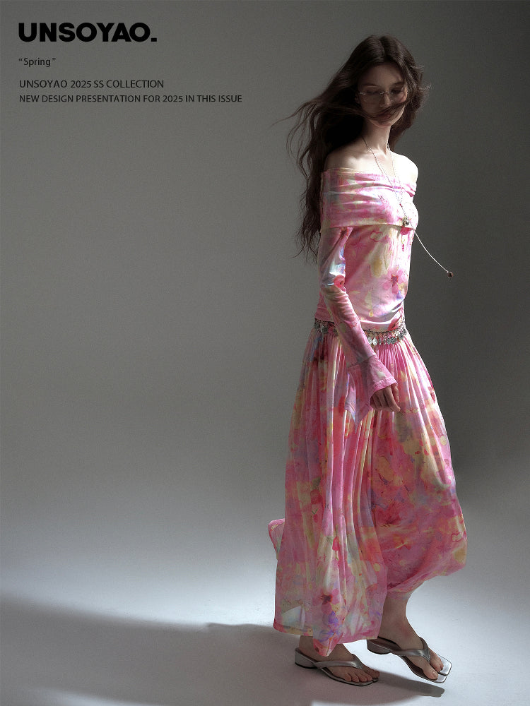 Printed Elastic Mesh Off-Shoulder Top & Maxi Skirt