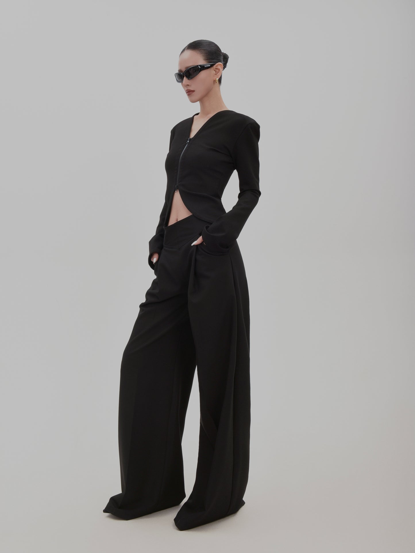 Floor-Length Tailored Tuck Wide-Leg Pants