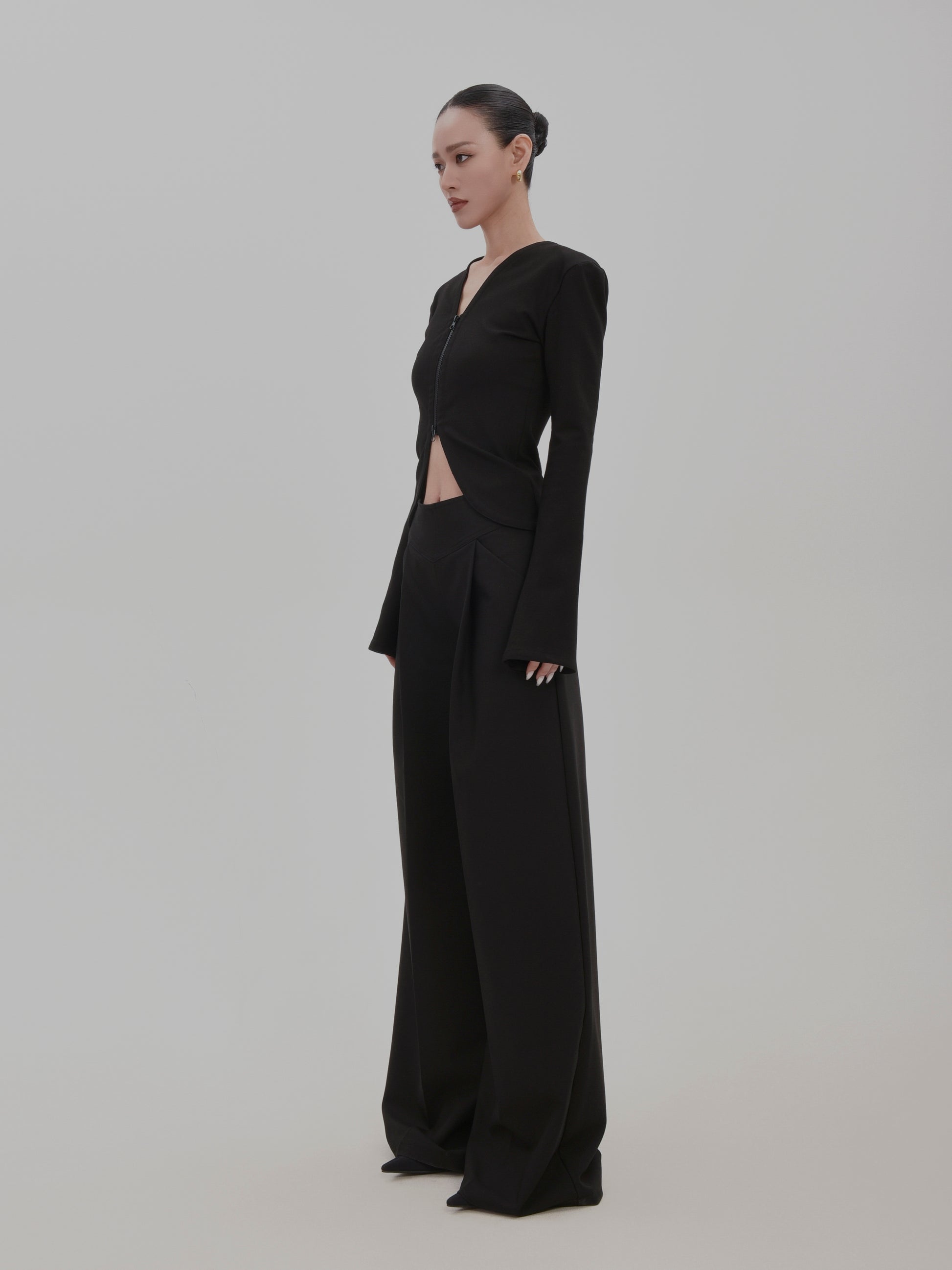 Floor-Length Tailored Tuck Wide-Leg Pants