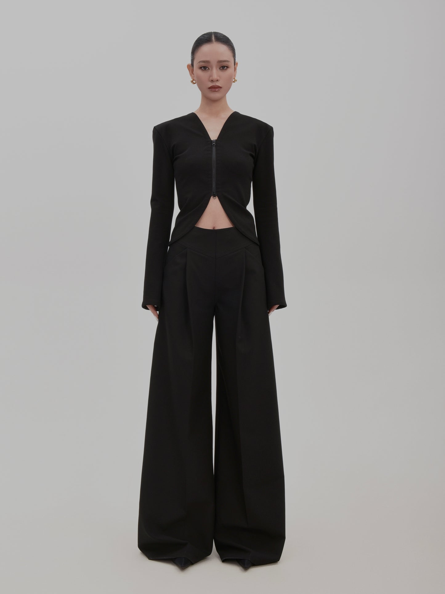 Floor-Length Tailored Tuck Wide-Leg Pants