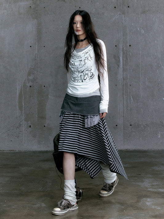 Punk Print Striped Layered Tee