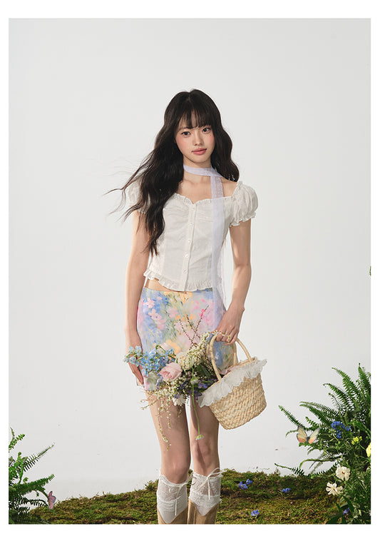 Two-Way Shoulder Eyelet Embroidered Puff-Sleeve Blouse
