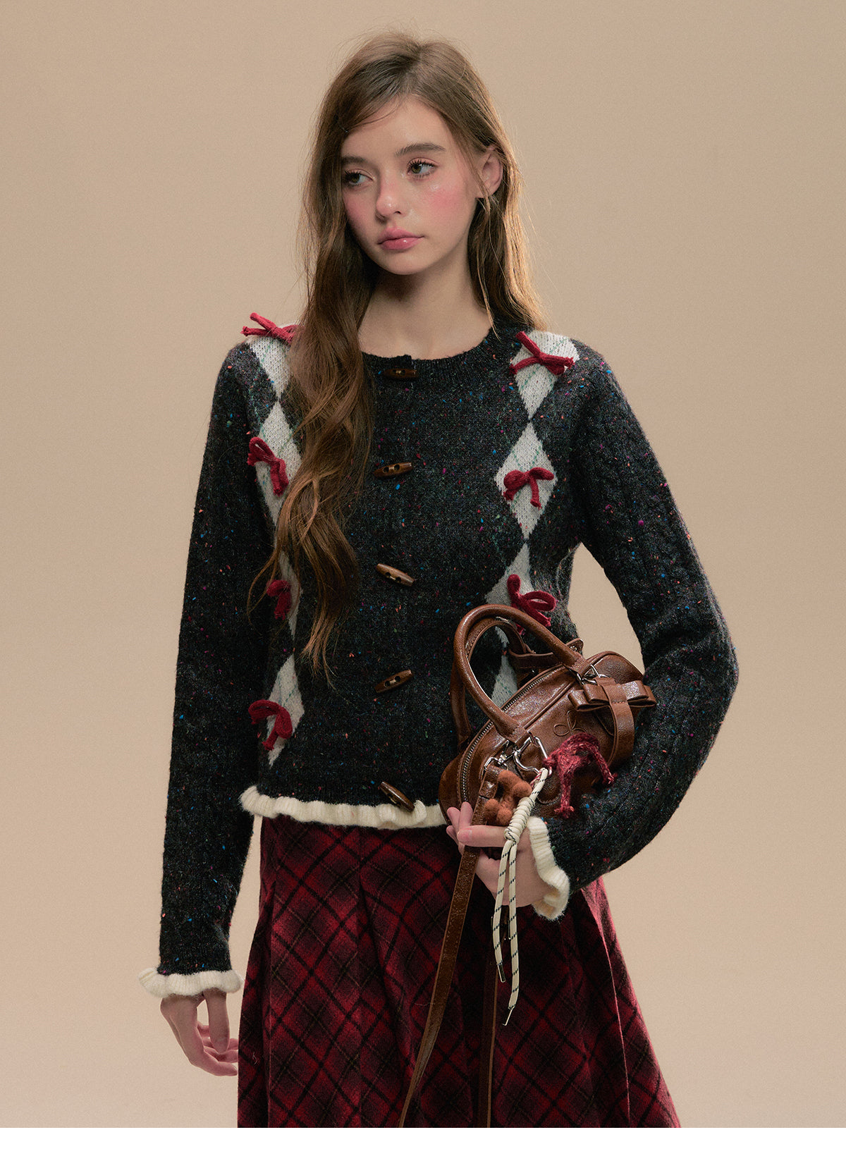 Argyle Cardigan With Bows And Toggle Buttons