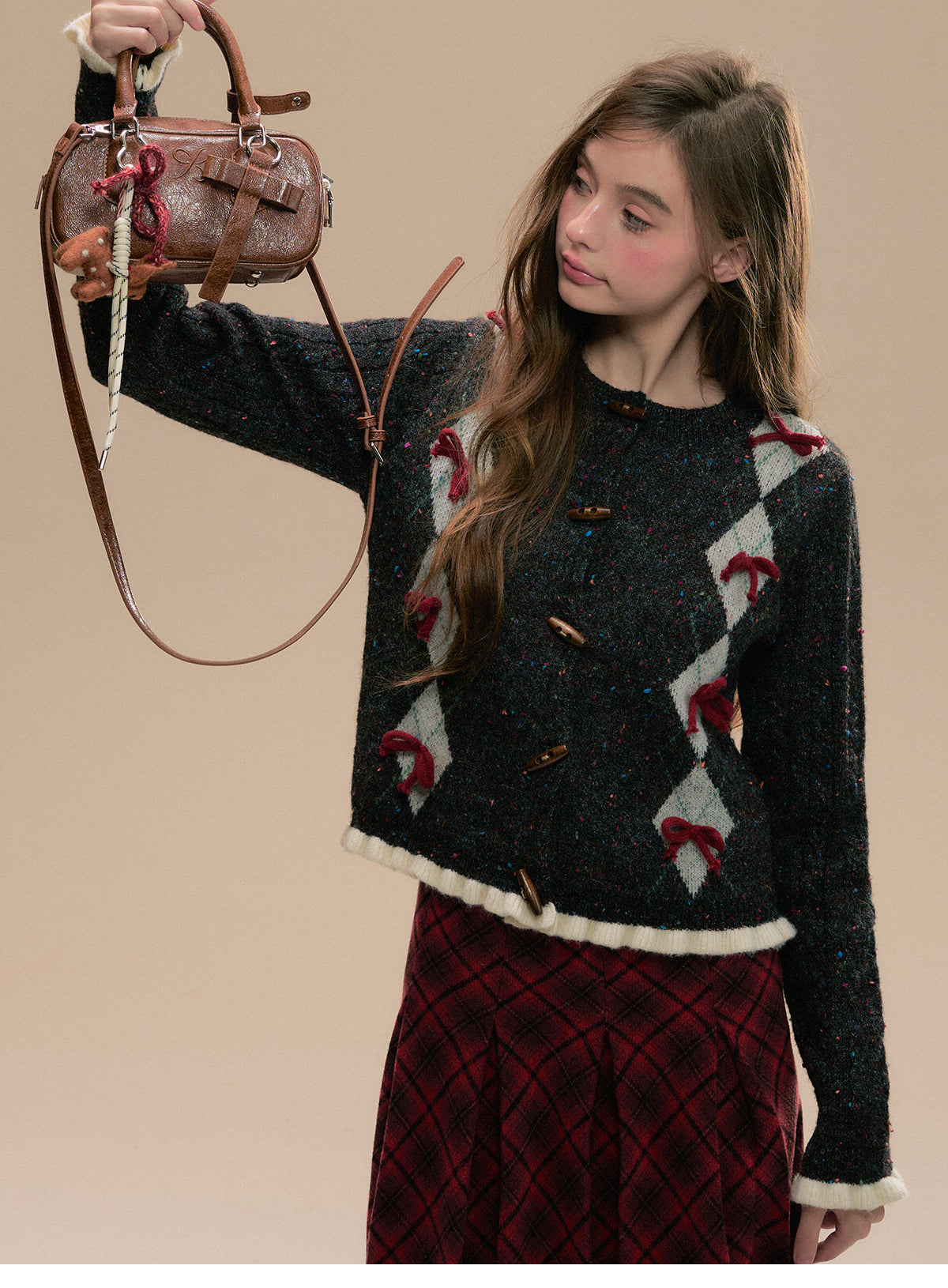 Argyle Cardigan With Bows And Toggle Buttons