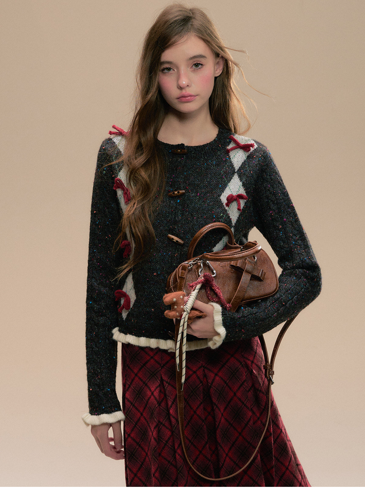Argyle Cardigan With Bows And Toggle Buttons