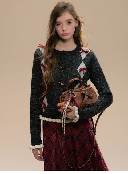 Argyle Cardigan With Bows And Toggle Buttons