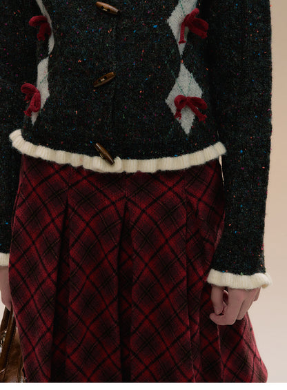 Argyle Cardigan With Bows And Toggle Buttons
