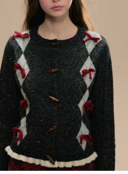 Argyle Cardigan With Bows And Toggle Buttons