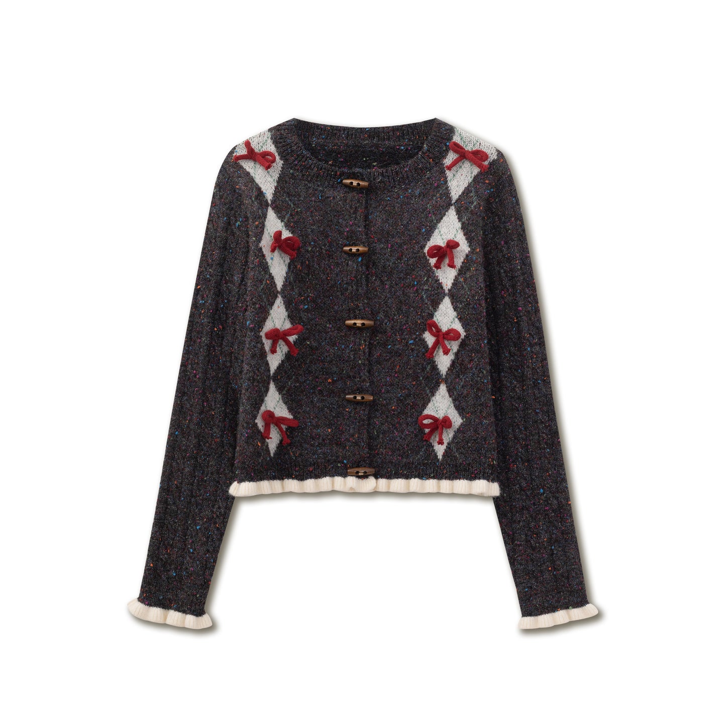 Argyle Cardigan With Bows And Toggle Buttons