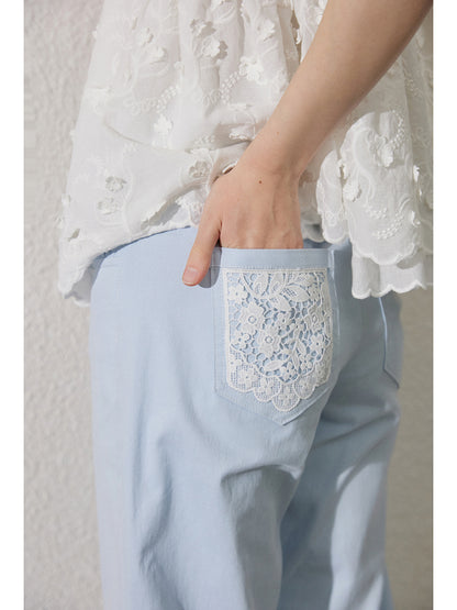 Lace-Detail Cotton Flare Pants With Bow Button