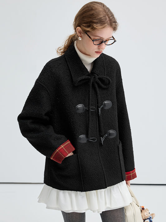 Wool Blend Toggle Coat With Plaid Cuffs