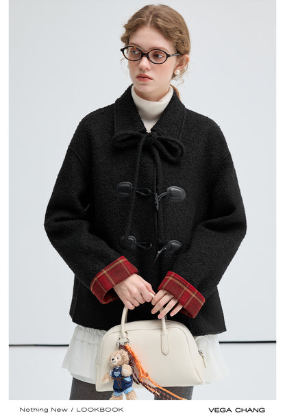 Wool Blend Toggle Coat With Plaid Cuffs