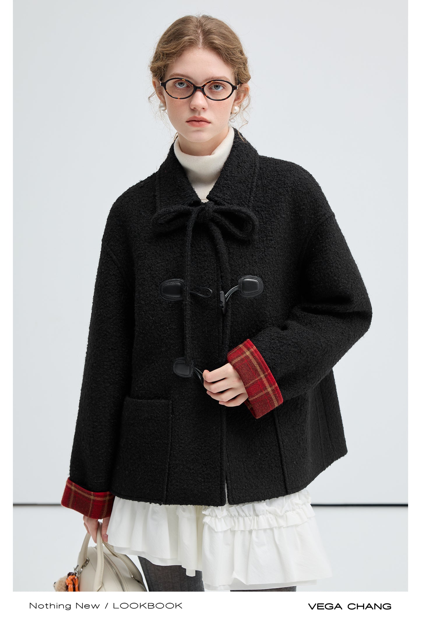 Wool Blend Toggle Coat With Plaid Cuffs