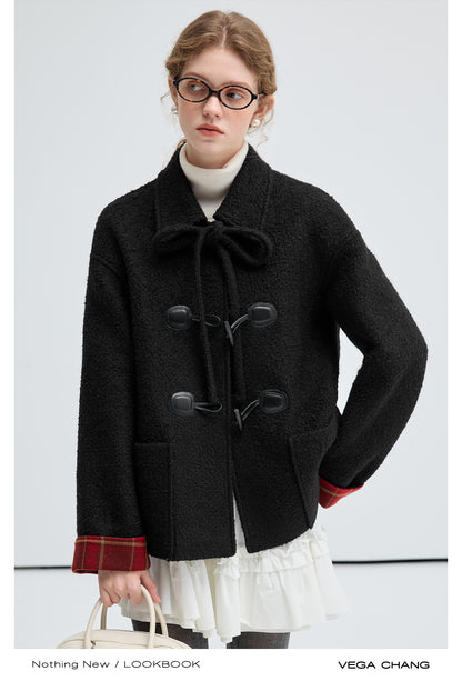 Wool Blend Toggle Coat With Plaid Cuffs