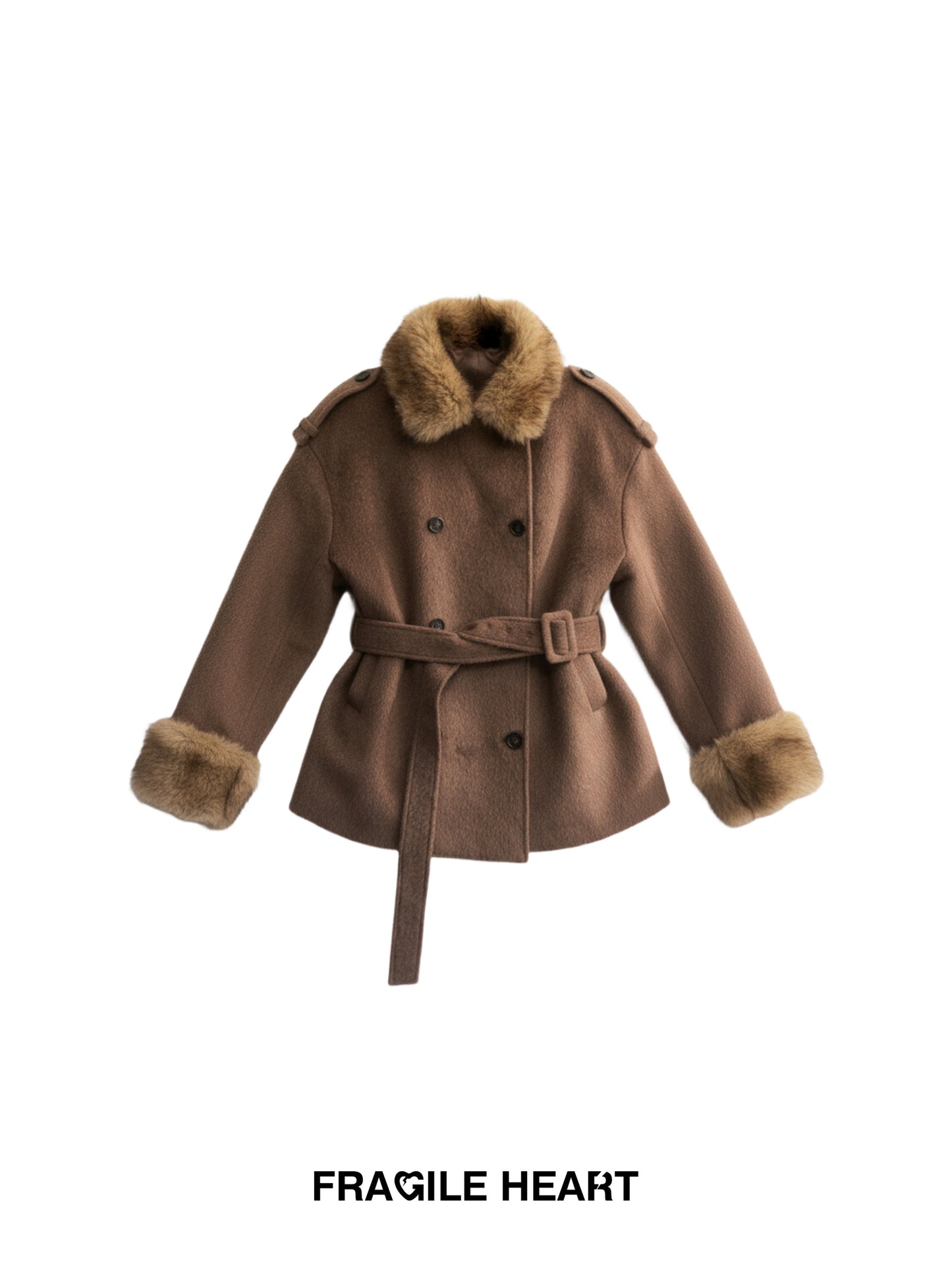 Double-Breasted Fur-Trim Belted Coat