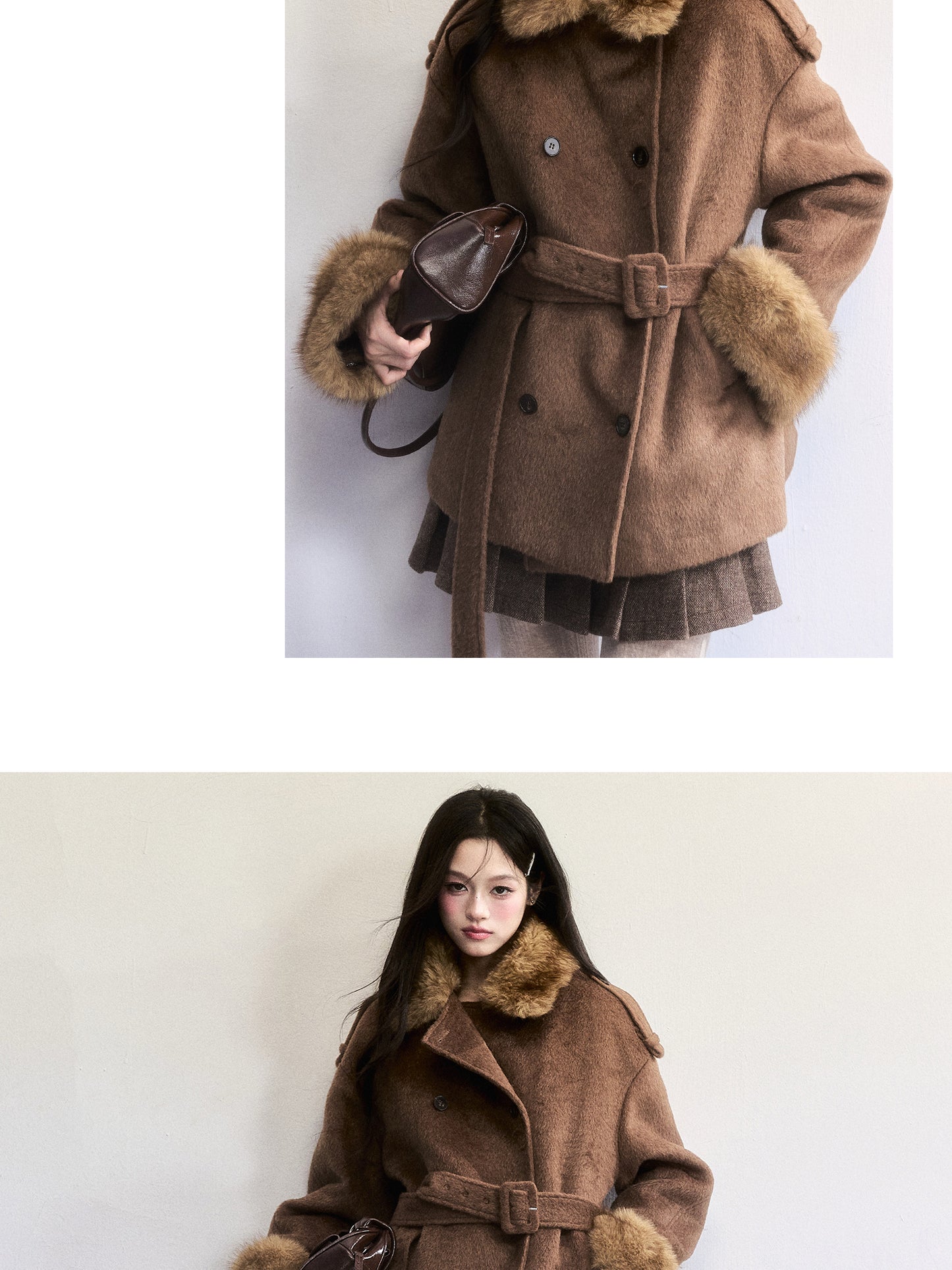 Double-Breasted Fur-Trim Belted Coat
