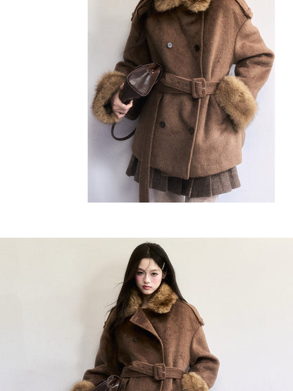 Double-Breasted Fur-Trim Belted Coat