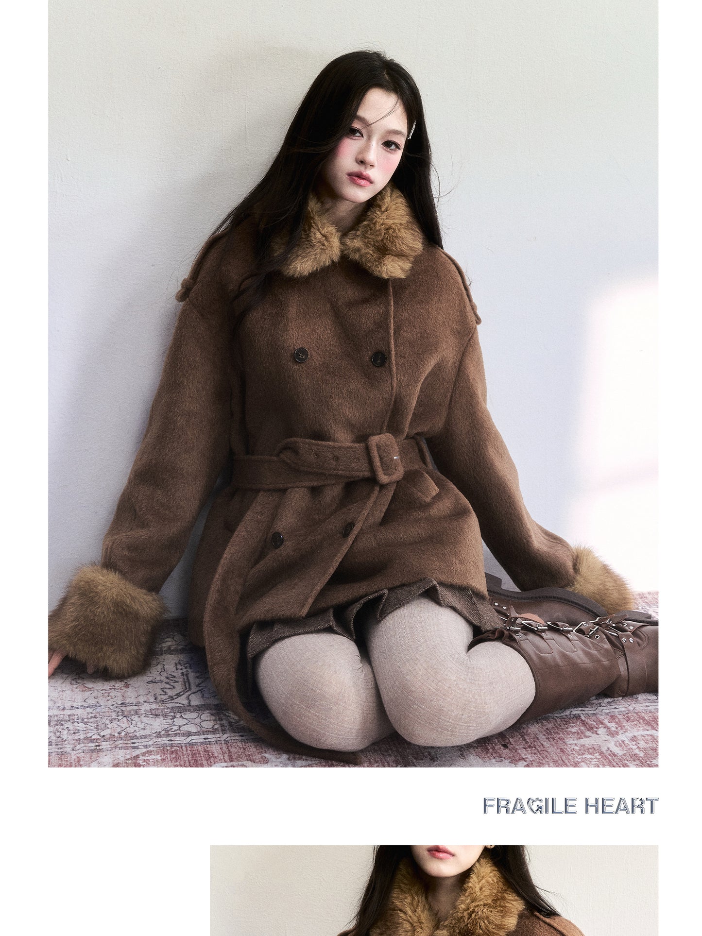 Double-Breasted Fur-Trim Belted Coat