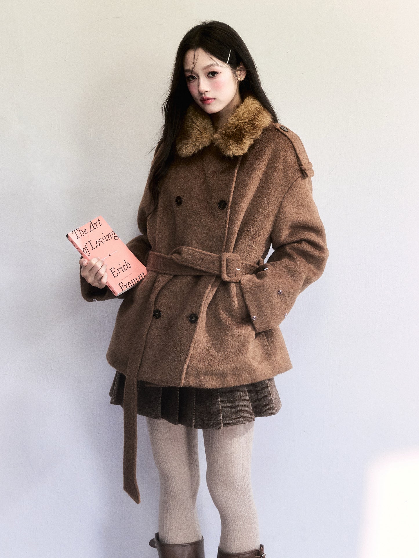 Double-Breasted Fur-Trim Belted Coat