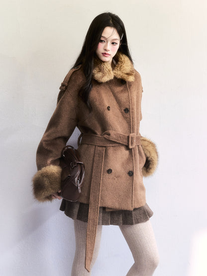 Double-Breasted Fur-Trim Belted Coat